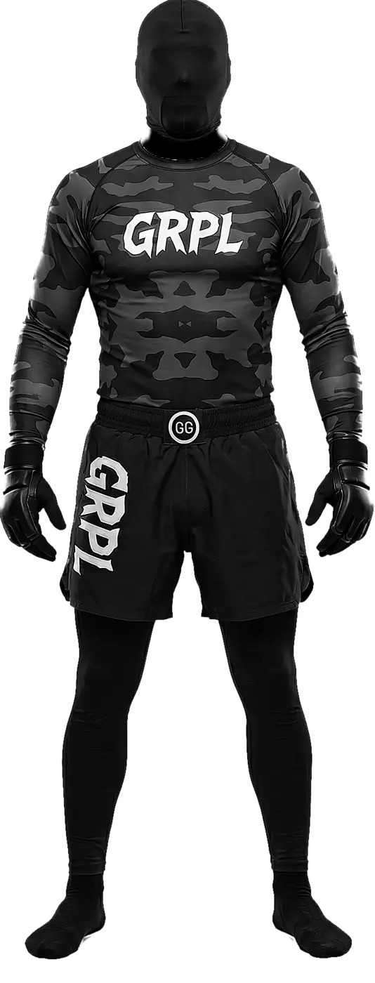 Masked fighter wearing the Grapple Gear long sleeve camo rash guard and GRPL fight shorts